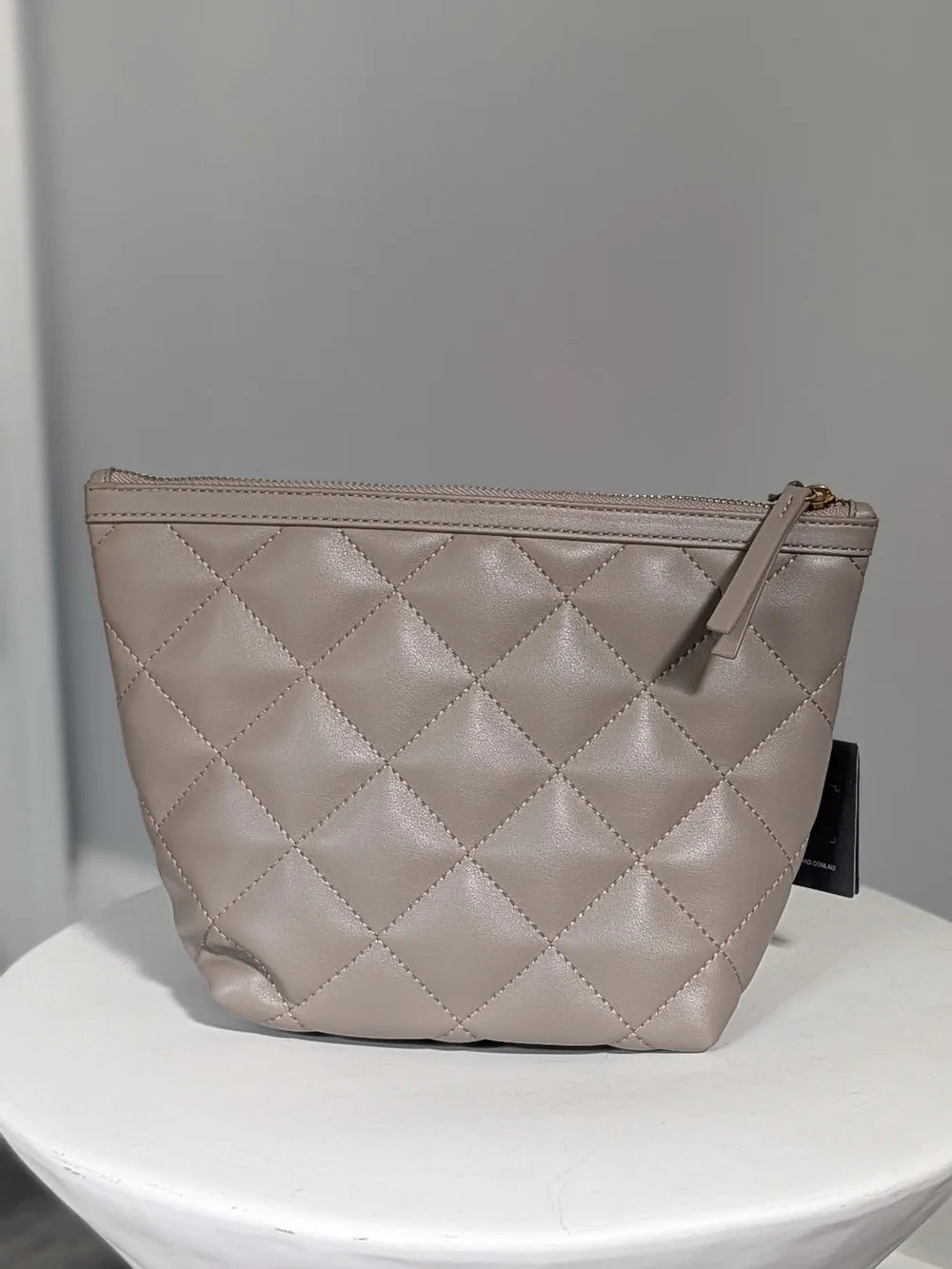 Country Road Quilted Taupe Leather Cosmetic Pouch with Gold Hardware